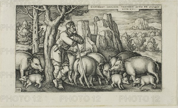 The Prodigal Son with the Swine, plate three from The History of the Prodigal Son, n.d., Sebald Beham, German, 1500-1550, Germany, Engraving in black on ivory laid paper, 59 x 96 (image/plate), 71 x 116 (sheet)