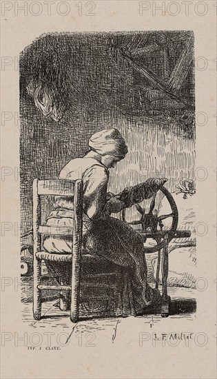 Woman Spinning, 1853, after drawing made in 1852, Jacques Adrien Lavieille (French, 1818-1862), after Jean François Millet (French, 1814-1875), printed by Jules Claye (French, 1806-1886), France, Wood engraving in black on gray China paper, laid down on ivory wove paper (chine collé), 133 × 75 mm (image), 178 × 129 mm (primary support), 249 × 205 mm (secondary support)