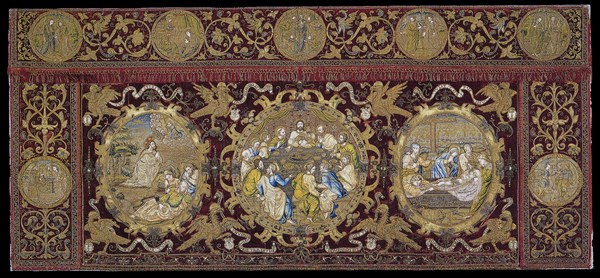 Altar Frontal Depicting Scenes from the Life of Christ, 1575/1600, Spain, Seo de Urgel, Silk, warp-float faced broken warp chevron twill weave with supplementary pile warps forming cut solid velvet, appliquéd with linen, plain weave, silk and gilt and silvered wire, plain weave with twill interlacing of secondary binding warps and patterning wefts, silk and silvered wire, twill weave, embroidered with silk, gilt- and silvered-metal-strip-wrapped silk and gilt and silvered wire in overcast, satin, padded satin, split, and stem stitches, laid work, couching, and padded couching, semi-precious stones, edged with woven fringes, 106.7 x 236 cm (42 x 92 7/8 in.)