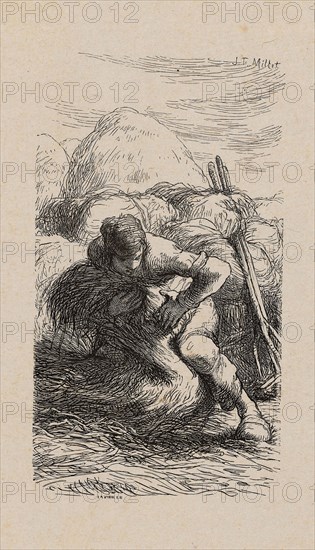 Sheaf-Binder, 1853, after drawing made in 1852, Jacques Adrien Lavieille (French, 1818-1862), after Jean François Millet (French, 1814-1875), France, Wood engraving in black on gray China paper, laid down on ivory wove paper (chine collé), 132 × 74 mm (image), 183 × 131 mm (primary support), 270 × 219 mm (secondary support)