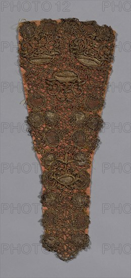 Stomacher, 18th century, Norway, Norway, Silk, plain weave with gilt-metal-strip-wrapped silk, bobbin lace, 40.7 x 16.5 cm (16 x 6 1/2 in.)