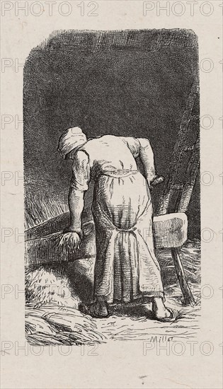 Woman Crushing Flax, 1853, after drawing made in 1852, Jacques Adrien Lavieille (French, 1818-1862), after Jean François Millet (French, 1814-1875), France, Wood engraving in black on gray China paper, laid down on off-white wove paper (chine collé), 134 × 75 mm (image), 183 × 132 mm (primary support), 338 × 271 mm (secondary support)