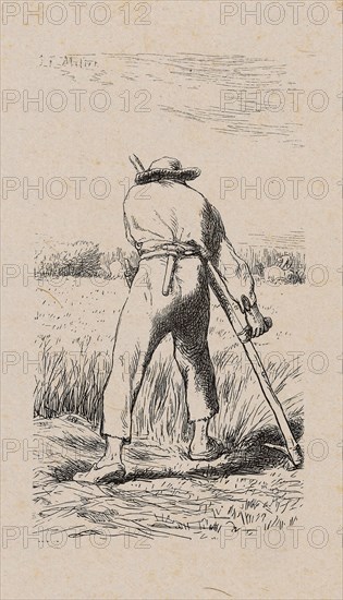 Mower, 1853, after drawing made in 1852, Jacques Adrien Lavieille (French, 1818-1862), after Jean François Millet (French, 1814-1875), France, Wood engraving in black on gray China paper, laid down on ivory wove paper (chine collé), 135 × 74 mm (image), 182 × 132 mm (primary support), 338 × 270 mm (secondary support)