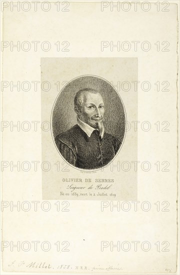 Olivier de Serres, 1858, Jean François Millet (French, 1814-1875), after Daniel de Serres (French, 1539-1619), printed by Lemercier et Compagnie, France, Lithograph on gray China paper laid down on ivory wove paper, 146 × 99 mm (image/primary support), 276 × 179 mm (secondary support)