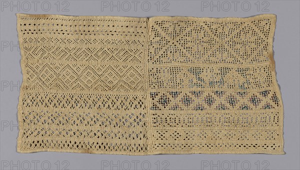 Sampler, 19th century, Spain, Linen, plain weave, cut and drawn work, embroidered with cotton yarns in buttonhole, darning, hem, Italian hem, interlocking overcast, serpentine hem, and square openwork, stitches, coral knots, 26 x 49.5 cm (10 1/4 x 19 1/2 in.)