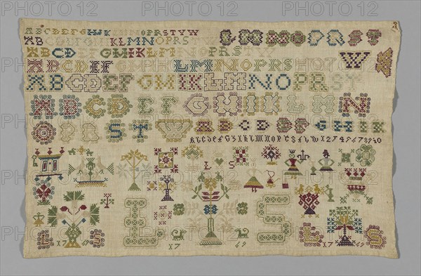 Sampler, 1769, Netherlands, Netherlands, Linen, plain weave, embroidered with silk in cross, back, Algerian eye, long and short stitches, 29.4 x 46.2 cm (11 1/2 x 18 1/8 in.)