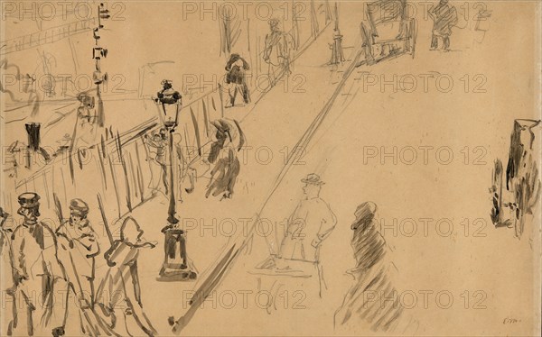 The rue Mosnier with Gas Lamp, 1878, Édouard Manet, French, 1832-1883, France, Brush with tusche, over graphite on transfer paper, laid down on cream wove paper, 277 × 441 mm