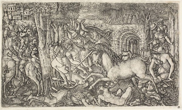 A King Pursued by the Unicorn, 1540/50, Jean Duvet, French, 1485-1570, France, Engraving on paper, 228 × 392 mm (plate), 238 × 395 mm (sheet)