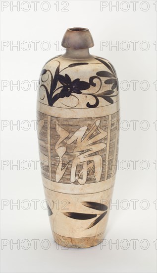 Elongated Ovoid Vase (Meiping) with Stylized Flowers, Jin dynasty (1115–1234), 12th century, China, Cizhou ware, slip-coated stoneware with incised, combed, and overglaze painting in iron brown, H. 36.8 cm (14 1/2 in.), diam. 14.3 cm (5 5/8 in.)
