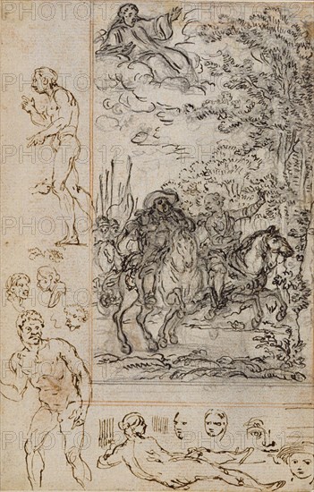 Study for Vignette in Voltaire’s La Pucelle d’Orleans, with Sketches of Heads and Nude Figures, c. 1762, Hubert François Gravelot, French, 1699-1773, France, Pen and brown and gray ink, over graphite and red chalk, on buff laid paper, laid down on cream laid paper, 166 × 107 mm