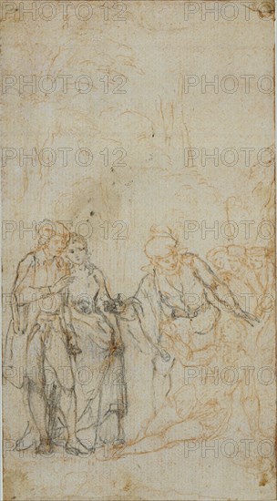 Unidentified Literary Illustration with a Group of Figures Surrounding Reclining Figure in Landscape, n.d., Hubert François Gravelot, French, 1699-1773, France, Graphite, over red chalk, on cream laid paper, laid down on ivory laid paper, 138 × 76 mm