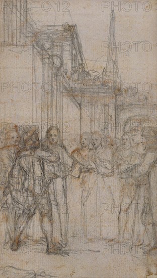 Literary Illustration: Man with Sword Confronting Group of Figures Before Building, n.d., Hubert François Gravelot, French, 1699-1773, France, Graphite, over red chalk, on buff laid paper, laid down on ivory laid paper, 133 × 77 mm