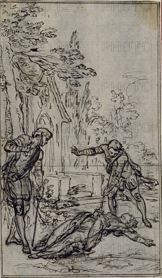 Study for Vignette in Voltaire’s La Pucelle d’Orleans, c. 1762, Hubert François Gravelot, French, 1699-1773, France, Pen and black ink over black chalk, on gray laid paper, laid down on ivory laid paper, 131 × 77 mm
