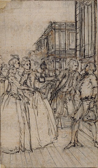 Literary Illustration with Two Ladies and Two Gentlemen in a Street, n.d., Hubert François Gravelot, French, 1699-1773, France, Pen and brown ink over graphite and red chalk, on cream laid paper, laid down on ivory laid paper, 133 × 78 mm