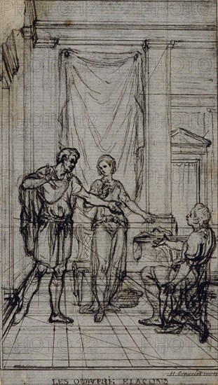 Study for Vignette in Jean François Marmontel’s Contes Moraux, c. 1763, Hubert François Gravelot, French, 1699-1773, France, Pen and black ink over black chalk, on gray laid paper, laid down on ivory laid paper, 129 × 74 mm
