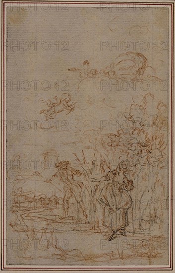 Study for Vignette in Fontenelle’s (attr.) Les Amours de Mirtil, Canto V, c. 1761, Hubert François Gravelot, French, 1699-1773, France, Red and black chalk, on gray laid paper, laid down on ivory laid paper, 114 × 72 mm