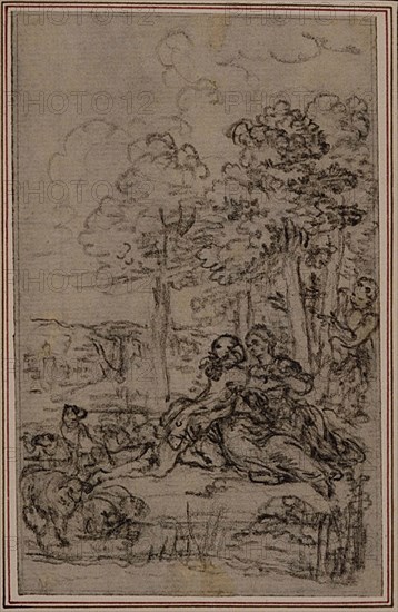 Study for Vignette in Fontenelle’s (attr.) Les Amours de Mirtil, Canto IV, c. 1761, Hubert François Gravelot, French, 1699-1773, France, Black chalk, on gray laid paper, laid down on ivory laid paper, 115 × 72 mm