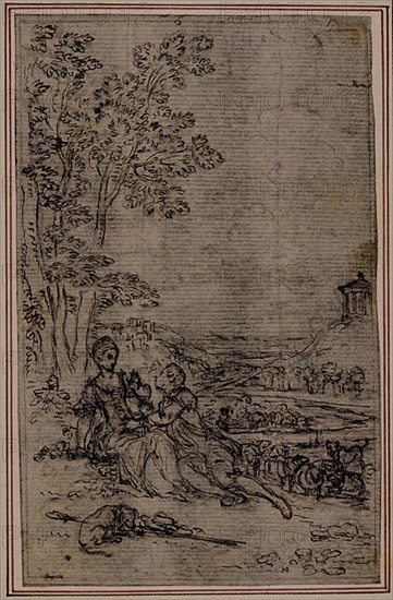 Study for Vignette in Fontanelle’s (attr.) Les Amours de Mirtil, Canto I, c. 1761, Hubert François Gravelot, French, 1699-1773, France, Pen and black ink over black chalk, on gray laid paper, laid down on ivory laid paper, 114 × 72 mm