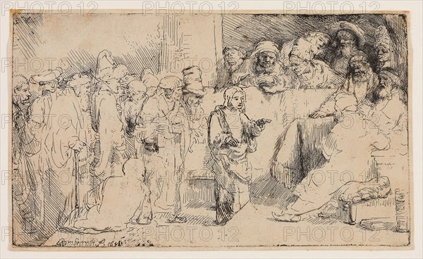 Christ Disputing with the Doctors: A Sketch, 1652, Rembrandt van Rijn, Dutch, 1606-1669, Holland, Etching and drypoint on cream laid paper, 121 x 215 mm (image/plate), 130 x 220 mm (sheet)