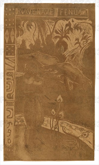 Nave nave fenua (Delightful Land), from the Noa Noa Suite, 1893–94, Paul Gauguin, French, 1848-1903, France, Wood-block print in residual brown and black inks, with selective wiping, a transferred twill impression, and touches of hand-applied dark brown ink, on thin, pale-pink wove paper (faded to tan), 355 × 205 mm (image), 358 × 208 mm (sheet)