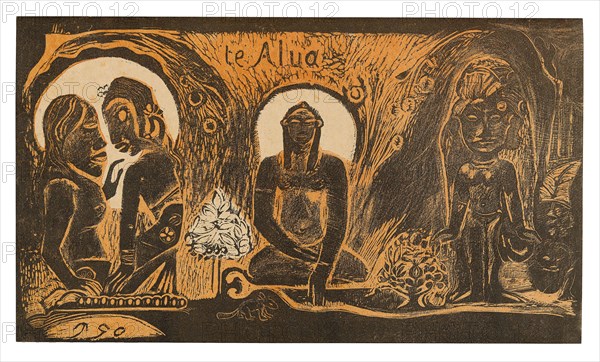 Te atua (The God), from the Noa Noa Suite, 1894, Paul Gauguin (French, 1848-1903), printed in collaboration with Louis Roy (French, 1862-1907), France, Wood-block print in black ink, over a stenciled orange-ink tone block, on cream wove paper (an imitation Japanese vellum), 204 × 355 mm (image/sheet)