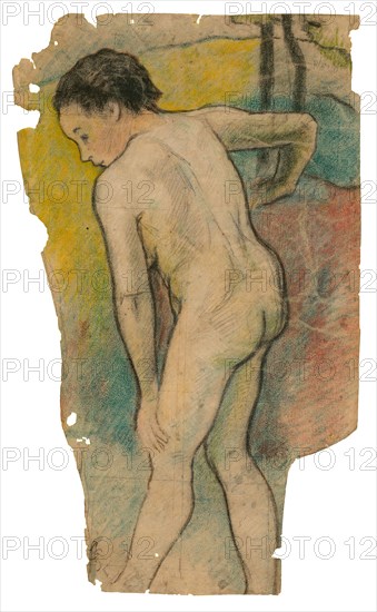 Breton Bather, 1886/87, Paul Gauguin, French, 1848-1903, France, Charcoal and pastel, with touches of brush and brown ink, on ivory laid paper (discolored to tan), partially outlined in graphite and squared in black fabricated chalk, with yellow paint residue on verso, 585 × 350 mm