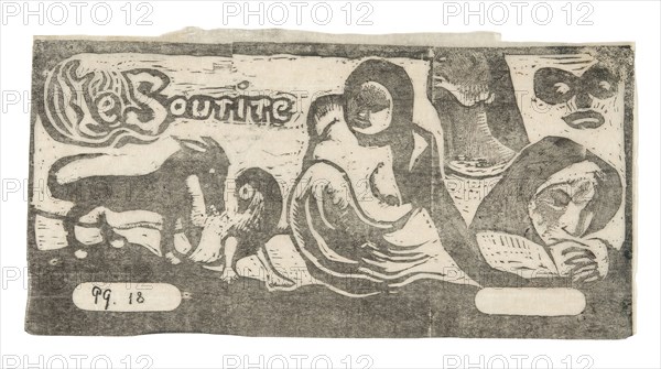 Three People, a Mask, a Fox, and a Bird, headpiece for Le sourire, 1899, Paul Gauguin, French, 1848-1903, France, Wood-block print in black ink on thin ivory laid Japanese paper, 90 × 185 mm (image), 94 × 186 mm (sheet)