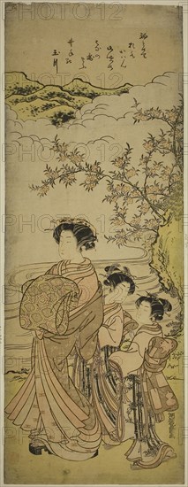 Courtesan and Two Attendants Parading by a Stream, c. 1776, Isoda Koryusai, Japanese, 1735-1790, Japan, Color woodblock print, vertical oban diptych, 25 1/8 x 9 3/8 in.