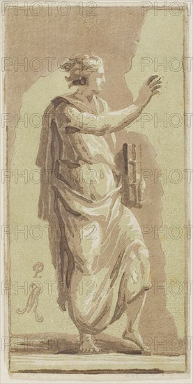Young Man Standing, 1721, Conte Anton Maria Zanetti, Italian, 1680–1767, Italy, Chiaroscuro woodcut in green, light brown, medium brown, and dark brown on cream laid paper, 161 x 80 mm (image/sheet, trimmed to block)