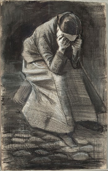 Weeping Woman, 1883, Vincent van Gogh, Dutch, 1853-1890, Netherlands, Black and white chalk, with brush and stumping, brush and black and grey wash, and traces of graphite, over a brush and brown ink underdrawing on ivory wove paper, 502 x 314 mm