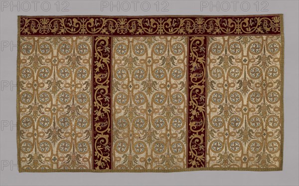 Altar piece (part of a chasuble), 17th century, Spain, White satin embroidered with couched rose, blue, and gold cord. Red velvet orphrey., 101.8 x 170.7 cm (40 1/8 x 67 1/4 in.)