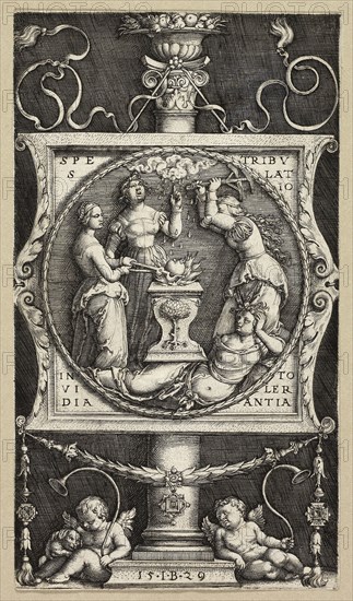 Bookplate of Willibald Pirckheimer, 1529, Master I.B. (possibly Georg Pencz, German, c. 1500-1550), after Albrecht Dürer (German, 1471-1528), Germany, Engraving in black on ivory laid paper, 150 x 85 mm (image/plate/sheet)