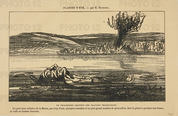 Philosophical Contemplations of a Lover of Silent Pleasures. To float on the back for an hour in a quiet tributary of the Marne with little water, some water lilies and lots of frogs: that’s what makes a man happy!, from Les Baigneurs, 1864, Honoré Victorin Daumier (French, 1808-1879), printed by Firmin Gillot (French, 1820-1872), France, Lithograph in black on tan wove paper, 145 × 250 mm (image), 188 × 284 mm (sheet)