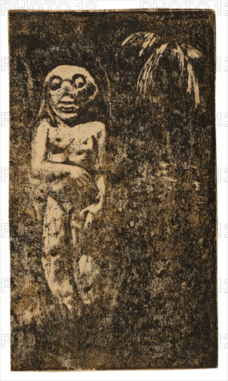 Oviri, 1894, Paul Gauguin, French, 1848-1903, France, Wood-block print, printed twice in deep-yellow ocher and black ink, on cream wove paper (an imitation Japanese vellum), mounted on mottled blue wove laminate card (recto), wood-block print in black ink over red ink tone block, and brush and solvent-thinned orange wash, on cream wove paper (an imitation Japanese vellum) mounted on mottled blue wove laminate card (verso), 207 × 120 mm (image), 208 × 120 mm (sheet), 230 × 316 mm (secondary support)