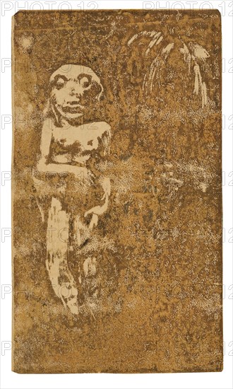 Oviri, 1894, Paul Gauguin, French, 1848-1903, France, Wood-block print, printed twice in deep-yellow ocher and brown ink, with touches of black watercolor, on cream wove paper (an imitation Japanese vellum), mounted on mottled blue wove laminate card (recto), wood-block print in black ink over red ink tone block, and brush and solvent-thinned orange wash, on cream wove paper (an imitation Japanese vellum) mounted on mottled blue wove laminate card (verso), 205 × 119 mm (image), 207 × 121 mm (sheet), 230 × 316 mm (secondary support)