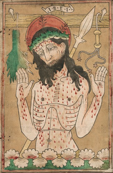 Man of Sorrows, 1465/70, German, 15th century, Germany, Woodcut hand-colored with brush and watercolor on cream laid paper, edge-mounted to vellum, laid down on wooden book cover covered in hand-tooled leather with tooled metal hinges, 397 x 262 mm (image), 405 x 269 mm (sheet)