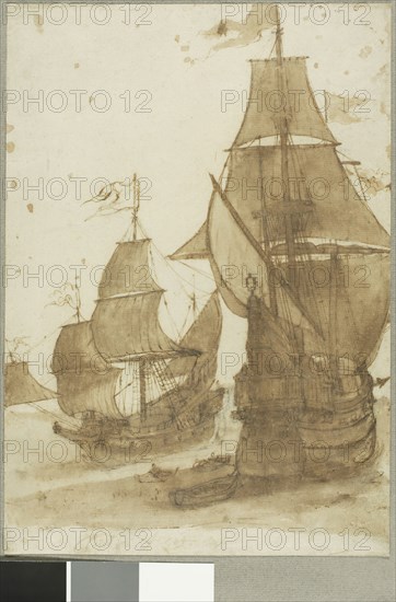 Two Frigate, 1641, Claude Lorrain, French, 1600-1682, France, Pen and iron gall ink, and brush and brown wash, with graphite, on buff laid paper, laid down on cream laid paper, 319 × 224 mm
