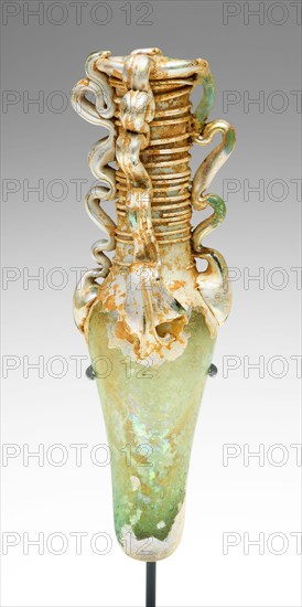 Bottle, 4th/6th century AD, Late Roman or early Byzantine, coast of Syria or Palestine, Mediterranean Region, Glass, blown technique, 12.9 × 4.6 × 4.6 cm (5 1/8 × 1 3/4 × 1 3/4 in.)