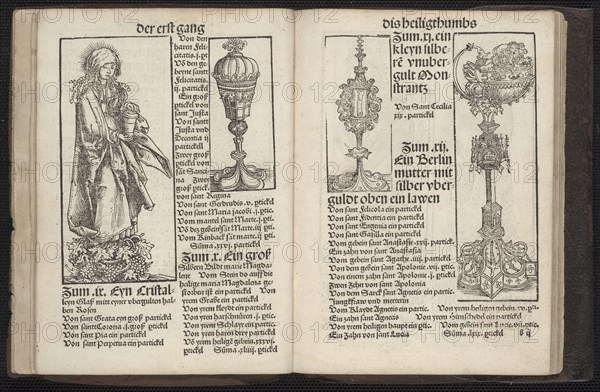 Wittenberg Reliquary Book (Wittenberger Heiligthumsbuch), 1510, Lucas Cranach the Elder (German, 1472-1553), printed by Johannes Grunenberg (German, active 1508-1525), Germany, Woodcut engraving and letterpress on cream laid paper, in original limp brown goatskin with wrap-around fore-edge flap, decorated with a blind outer fillet frame with intersecting interior blind lines, 193 x 140 mm (folio)