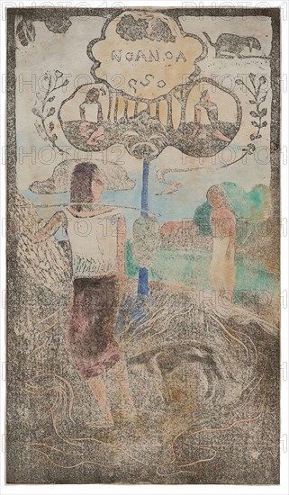 Noa Noa (Fragrant), from the Noa Noa Suite, 1893/94, Paul Gauguin, French, 1848-1903, France, Wood-block print in black ink, over traces of brown ink, with hand-applied blue, light blue, several greens, pink, orange, pale-orange, yellow, pale-red, and dark-gray watercolor, on ivory Japanese paper, 354 × 203 mm (image), 357 × 206 mm (sheet)