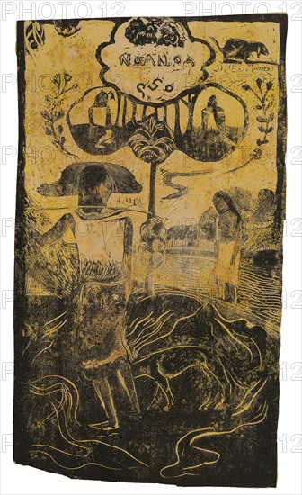 Noa Noa (Fragrant), from the Noa Noa Suite, 1893/94, Paul Gauguin, French, 1848-1903, France, Wood-block print in black ink, with touches of reddish-brown watercolor and black ink, over yellow ink tone block and transferred golden-yellow, orange, and green oil-based media, some containing beeswax and conifer resin (probably pine resin), on cream Japanese paper, laid down on heavy cream wove card, 358 × 205 mm