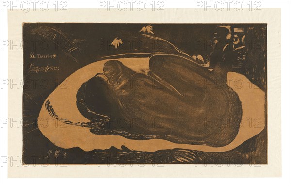 Manau tupapau (She Thinks of the Ghost or The Ghost Thinks of Her), from the Noa Noa Suite, 1893/94, Paul Gauguin, French, 1848-1903, France, Wood-block print, printed twice in brown and black inks, with selective wiping, and a transferred twill impression, on pale-pink wove paper (faded to tan), 204 × 356 mm (image), 207 × 357 mm (sheet)