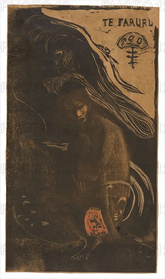 Te faruru (Here We Make Love), from the Noa Noa Suite, 1893/94, Paul Gauguin, French, 1848-1903, France, Wood-block print, printed twice in brown and black inks, with selective wiping, and a transferred twill impression, touches of brush and red and green watercolors, and traces of brush and black ink, on pale-pink wove paper (faded to tan), 356 × 202 mm (image), 359 ×206 mm (sheet)