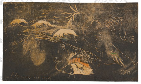 L’univers est créé (The Universe Is Being Created), from the Noa Noa Suite, 1893–94, Paul Gauguin, French, 1848-1903, France, Wood-block print, printed in black ink with traces of residual brown ink, with selective wiping, over solvent-thinned and transferred and stenciled yellow, orange, red, blue, and green oil-based media, some containing beeswax and conifer resin (probably pine resin), with touches of brush and black ink, on medium-weight, smooth, pink wove paper (faded to tan), 203 × 350 mm (image/sheet)