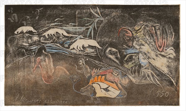 L’univers est créé (The Universe Is Being Created), from the Noa Noa Suite, 1893/94, Paul Gauguin, French, 1848-1903, France, Wood-block print, printed twice in black and brown inks, with selective wiping, and hand-applied orange, yellow, red, two tones of green, two tones of blue, silver-gray and black watercolor, on cream wove Japanese paper laid down on cream laid Japanese paper (a laminate made by the artist), 204 × 354 mm (image), 206 × 356 mm (sheets)