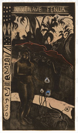 Nave nave fenua (Delightful Land), from the Noa Noa Suite, 1893/94, Paul Gauguin, French, 1848-1903, France, Wood-block print in black ink, with hand-applied red, blue, green, yellow, red-orange, and silver-gray watercolor on tan wove paper, 354 × 200 mm (image), 357 × 204 mm (sheet)