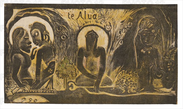 Te atua (The God) from the Noa Noa Suite, 1893/94, Paul Gauguin, French, 1848-1903, France, Wood-block print, printed twice in yellow ocher and black inks, over yellow ink tone block, and transferred golden-yellow, green, red-orange, and red oil-based media, some containing beeswax and conifer resin (probably pine resin), on cream Japanese paper, 203 × 351 mm (image/sheet)