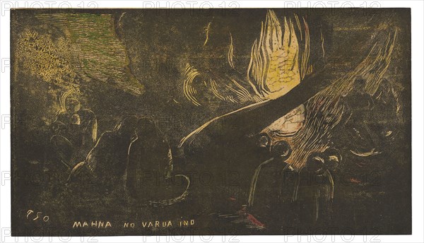 Mahna no varua ino (The Devil Speaks), from the Noa Noa Suite, 1893/94, Paul Gauguin, French, 1848-1903, France, Wood-block print, printed twice in brown and black inks, over a yellow, silver-gray and brownish-orange ink tone block, and transferred yellow, green, red, and orange oil-based media, some containing beeswax and conifer resin (probably pine resin), on ivory Japanese paper, laid down on cream wove card, 202 × 356 mm (image), 204 × 356 mm (sheet)