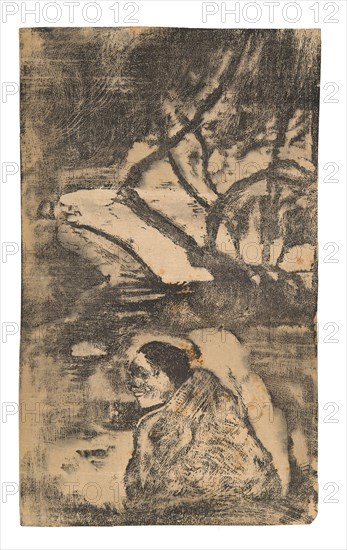 Maori Woman in the Forest, 1894/95, Paul Gauguin, French, 1848-1903, France, Wood-block print in black ink manipulated with brush and solvent, on ivory Japanese paper, laid down on cream Japanese paper, 221 × 131 mm (image/primary/secondary support)