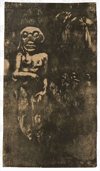 Oviri, 1894, Paul Gauguin, French, 1848-1903, France, Wood-block print in black ink on cream wove Japanese paper, laid down on cream wove Japanese paper, 204 × 117 mm  (image/primary/secondary support)